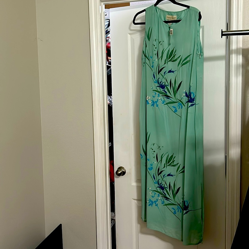 Casual Corner Mint Maxi Dress with Blue Floral Accents